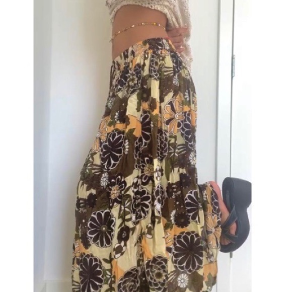 Floral brown, green, and yellow maxi tiered skirt - Picture 3 of 3